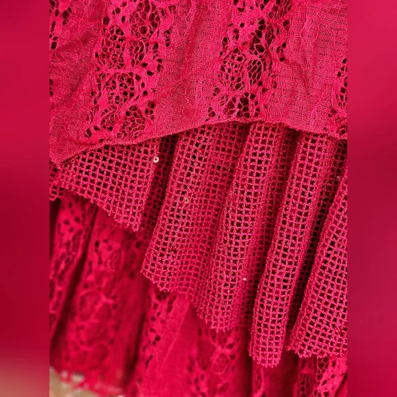 Indigo Soul Burgundy Wine Lace Sequin Flowy Tiered Layered Ruffle Longsleeve Top - Picture 4 of 14